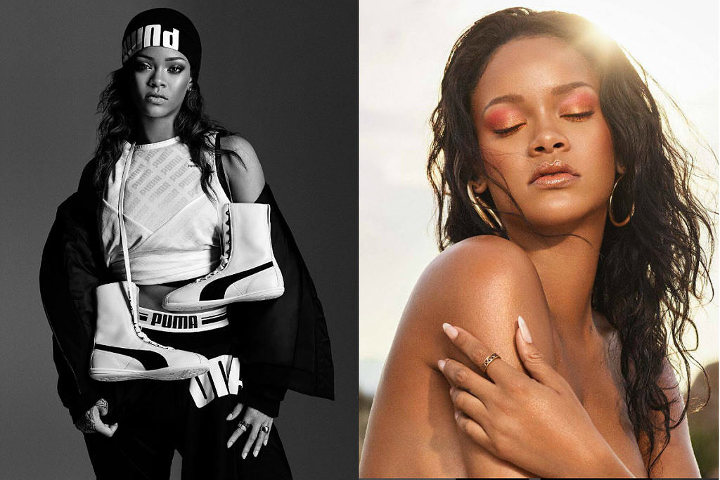 Rihanna estrelando campanha para sua parceria de streetwear com a Puma; e a bad gal em imagem promocional para sua marca de cosméticos, Fenty Beauty (Fotos: Reprodução)