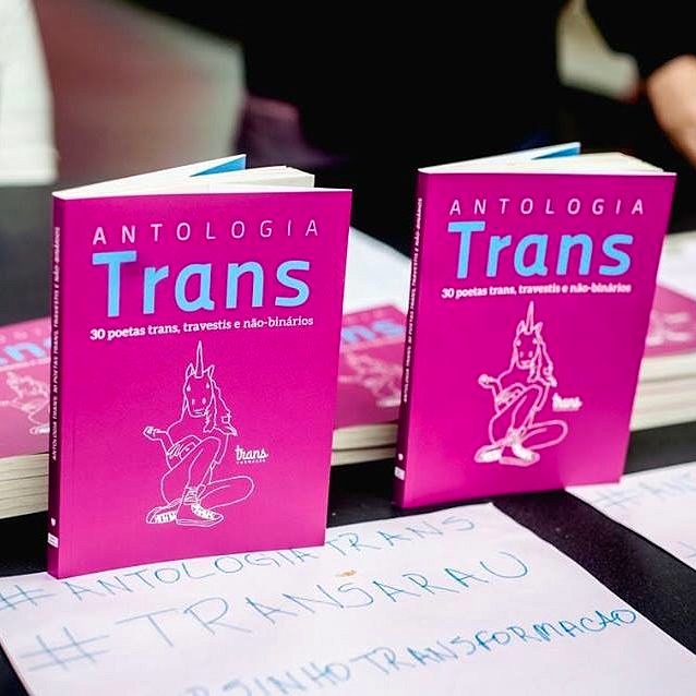 Exemplares da "Antologia Trans" exibidos durante o evento de lançamento do livro (Foto: Reprodução Facebook)