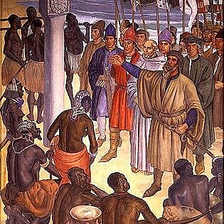 Ilustração da chegada de Diogo Cão ao território de Namíbia no século XV (Foto: Reprodução)