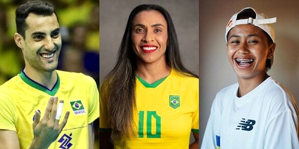 Olímpiadas da Diversidade: Tóquio 2021 tem recorde de atletas abertamente LGBTI+; na foto, os brasileiros Douglas Souza (vôlei), Marta (futebol) e a filipina Margie Didal (skate)