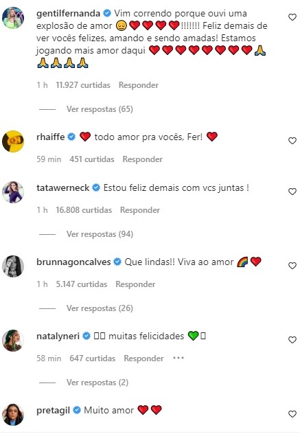 Fernanda Gentil, Tatá Werneck, Brunna Gonçalves e Preta Gil parabenizam Fernanda Souza e Eduarda Porto pelo relacionamento (Reprodução Instagram)