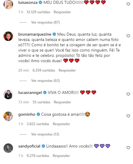 Luísa Sonza, Bruna Marquezine e Sandy parabenizam Fernanda Souza e Eduarda Porto pelo relacionamento (Reprodução Instagram)