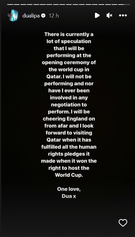 Em publicação no Instagram, Dua Lipa negou qualquer envolvimento com a Copa do Mundo enquanto o Catar não "respeitar os direitos humanos" (Foto: Reprodução)