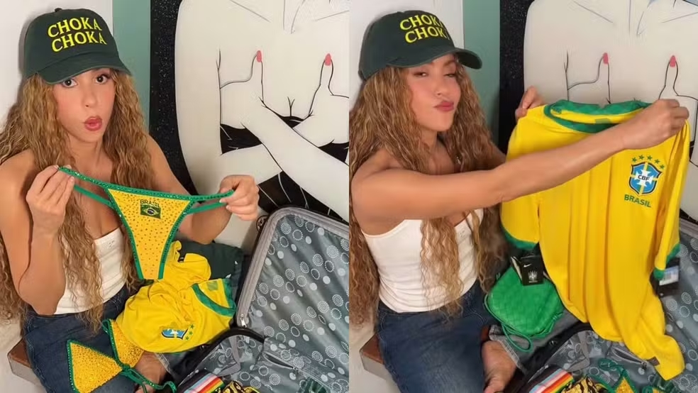 Shakira mostra a mala verde e amarela antes do Lobacana em Copacabana (Foto: Reprodução)