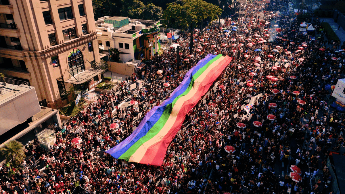 Público da 30ª Parada do Orgulho LGBTIA+ de SP durante marcha na Avenida Paulistta (Foto: Divulgação | Parada SP)